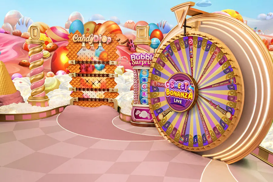 Plató de Sweet Bonanza CandyLand con la rueda dorada, el tablero de Candy Drop y la máquina de Bubble Surprise